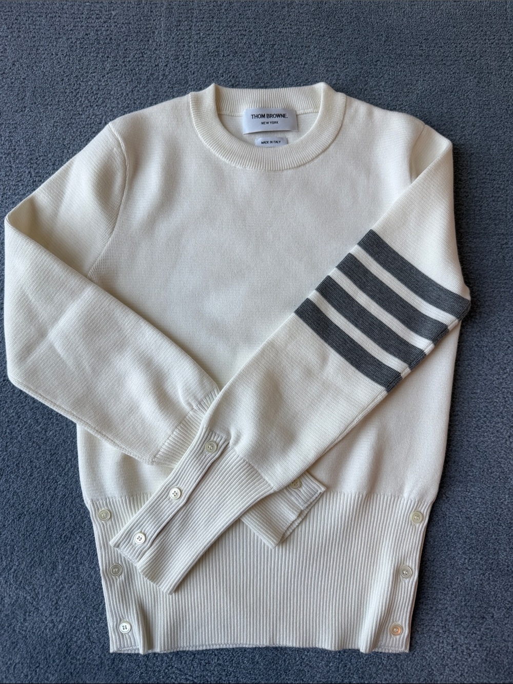 Thom Browne Cream Crewneck Sweater with Gray Arm Stripes
